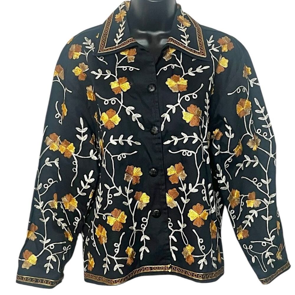 Life Style Vtg 90s Y2K Embroidered Floral Jacket Petite S Black Gold Blazer Boho